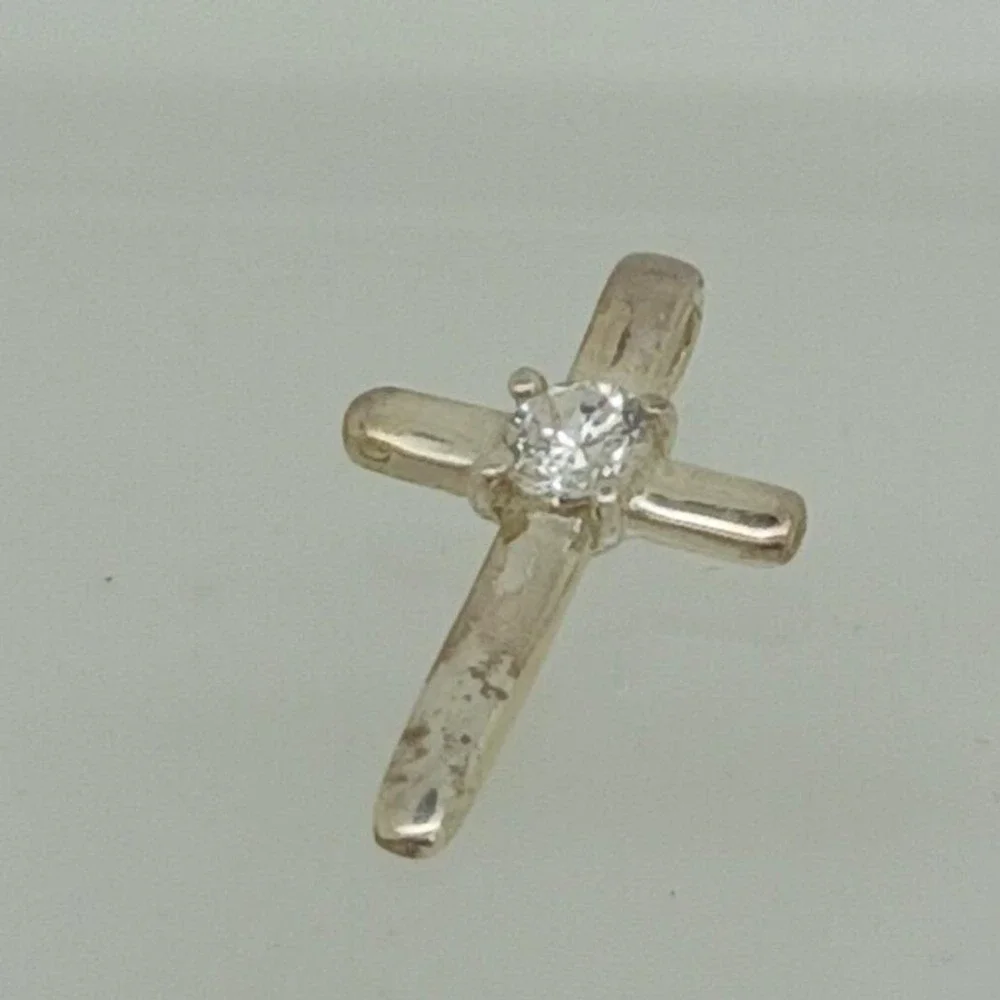 Sterling Silver 925 Cross Pendant Round Cubic Zirconia Religious Charm 0.75 Inch